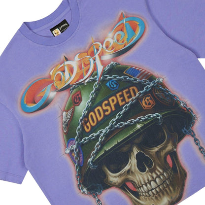 Ballers Clothing Shop lavender cotton t-shirt featuring a graphic print of a skull wearing a helmet with chains.