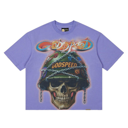 Ballers Clothing Shop lavender t-shirt featuring a graphic print of a skull wearing a military helmet with chains.