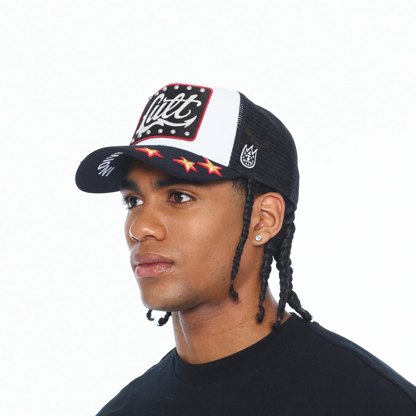 Ballers Clothing Shop black and white mesh back trucker hat featuring a Cult logo patch and embroidered red stars