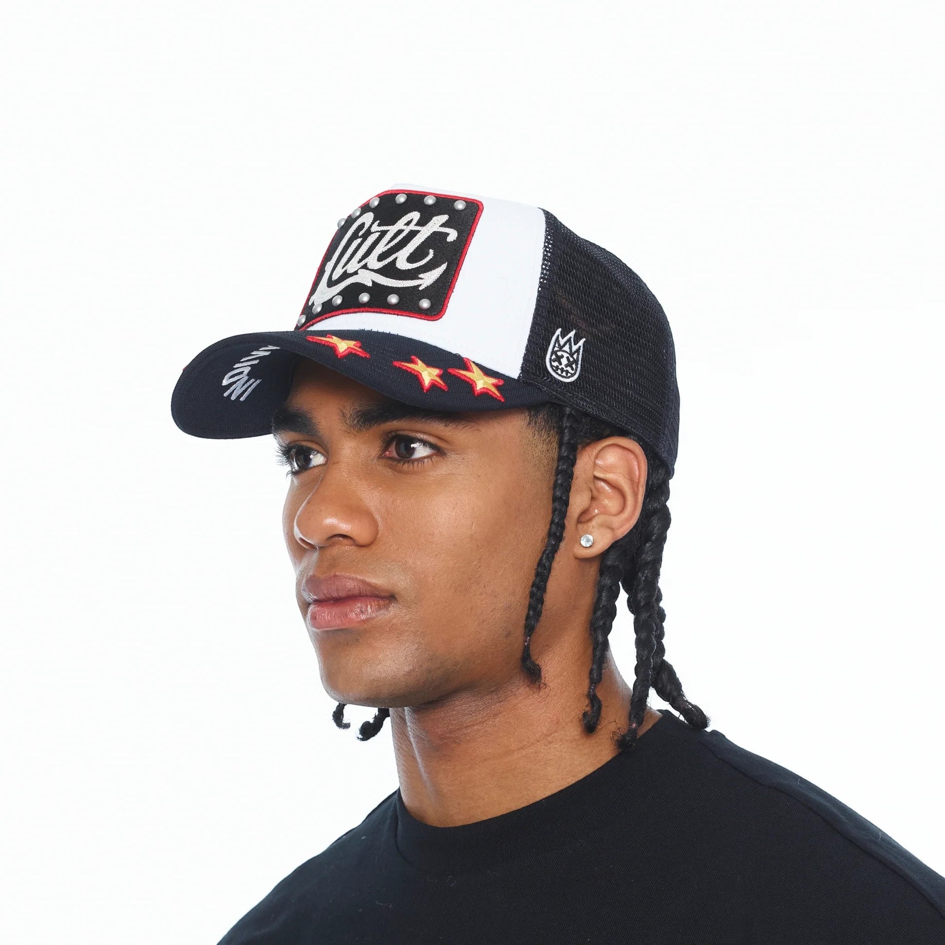 Ballers Clothing Shop black and white mesh back trucker hat featuring a Cult logo patch and embroidered red stars
