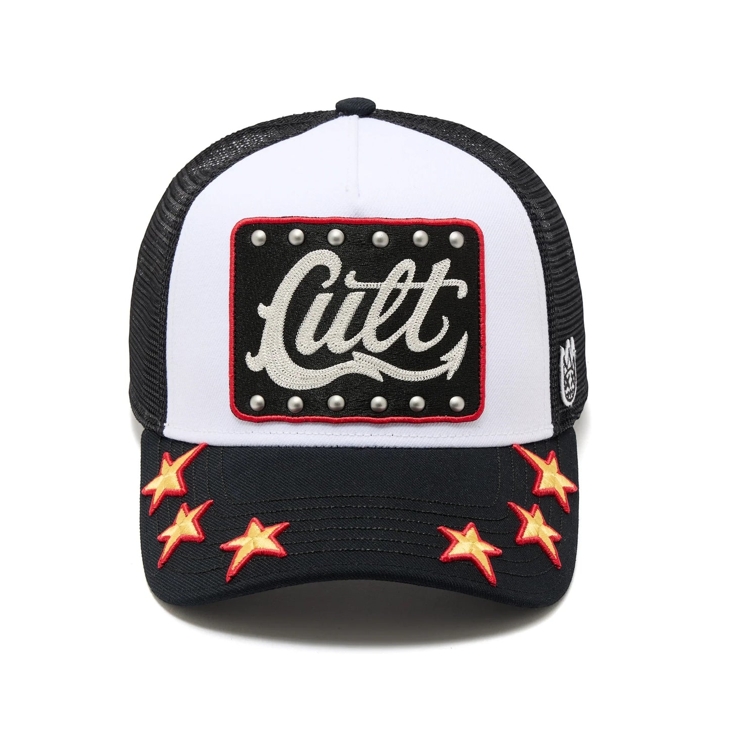 Ballers Clothing Shop mesh back trucker hat in black and white with embroidered stars and Cult patch detail