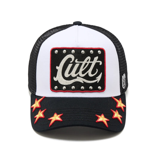Ballers Clothing Shop mesh back trucker hat in black and white with embroidered stars and Cult patch detail