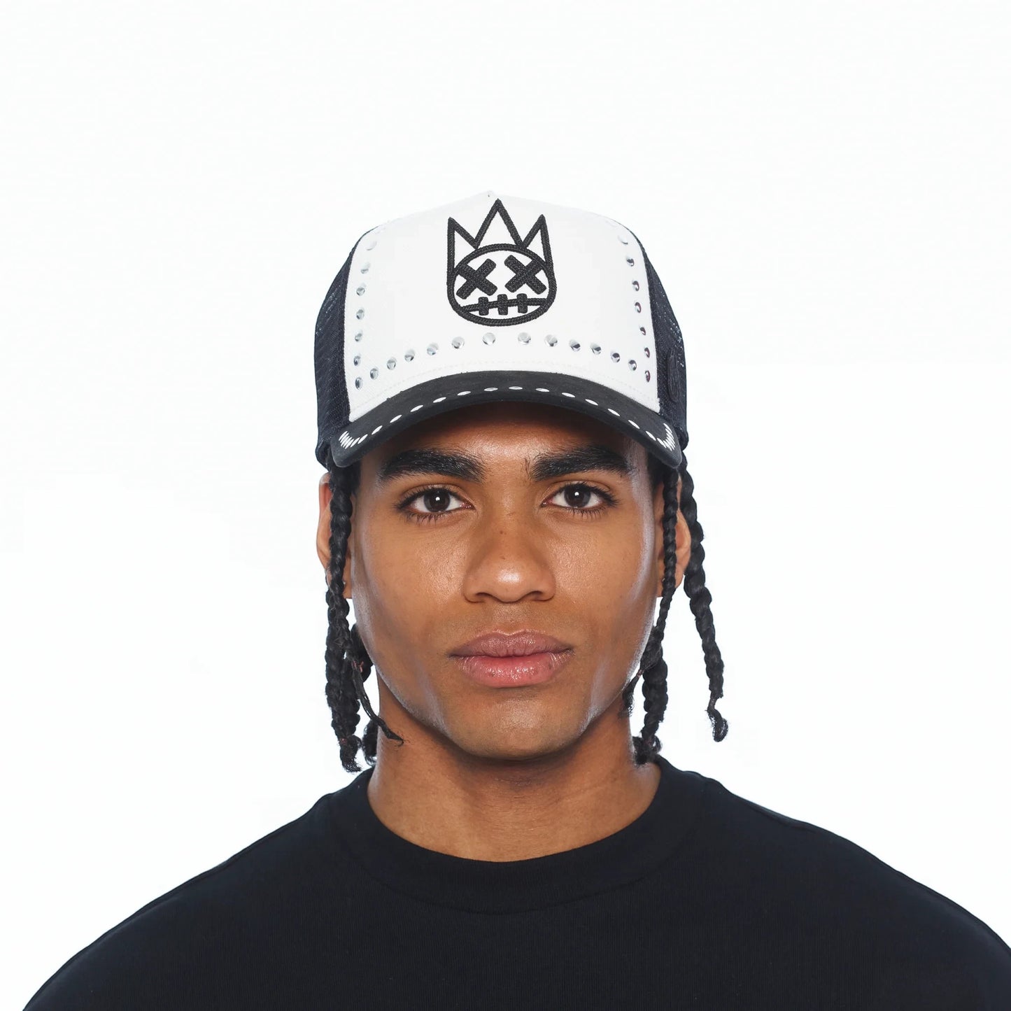 Ballers Clothing Shop black and white mesh trucker hat with Shimuchan logo embroidery and silver stud accents.