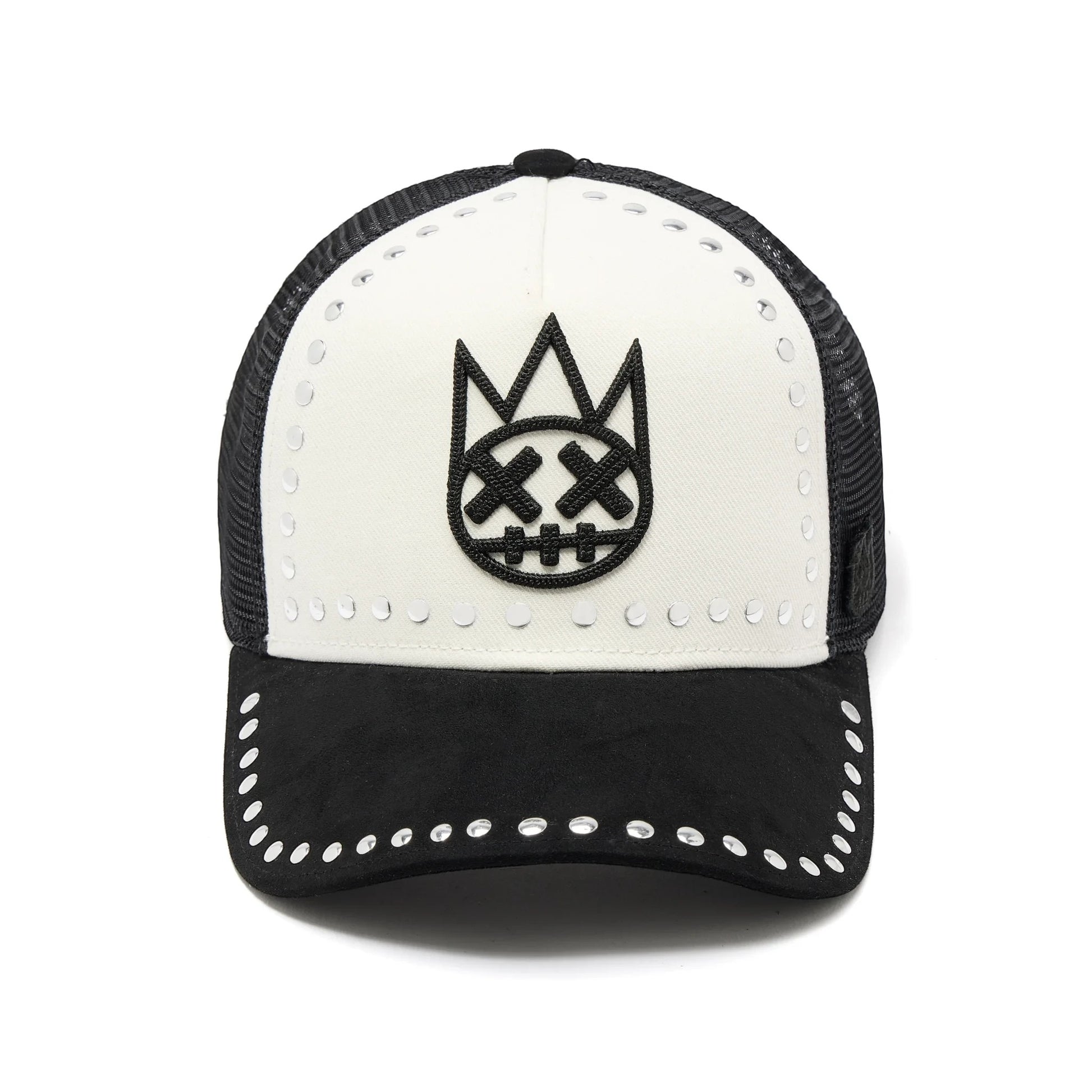 Ballers Clothing Shop black and white mesh trucker hat with raised Shimuchan logo and silver stud embellishments.