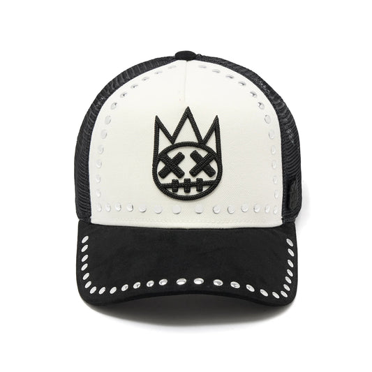 Ballers Clothing Shop black and white mesh trucker hat with raised Shimuchan logo and silver stud embellishments.