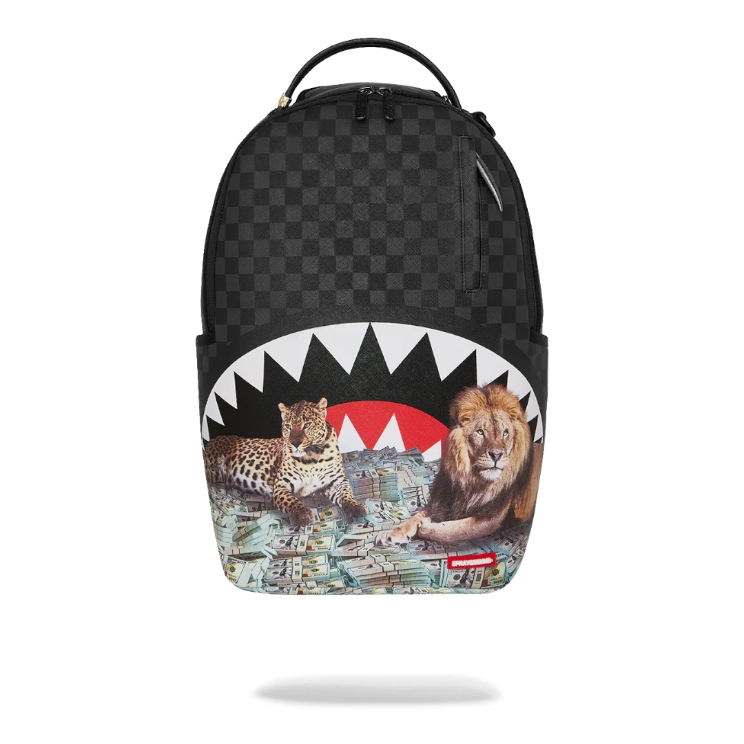 Ballers Clothing Shop Sprayground Money Beasts backpack with black checkerboard pattern, lion and leopard print, and shark mouth design.