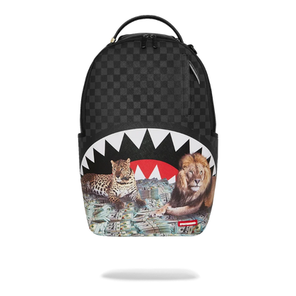 Ballers Clothing Shop Sprayground Money Beasts backpack with black checkerboard pattern, lion and leopard print, and shark mouth design.