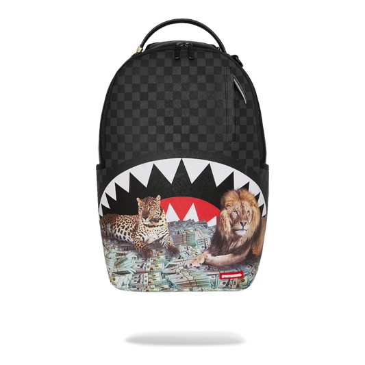 Ballers Clothing Shop Sprayground Money Beasts backpack with black checkerboard pattern, lion and leopard print, and shark mouth design.