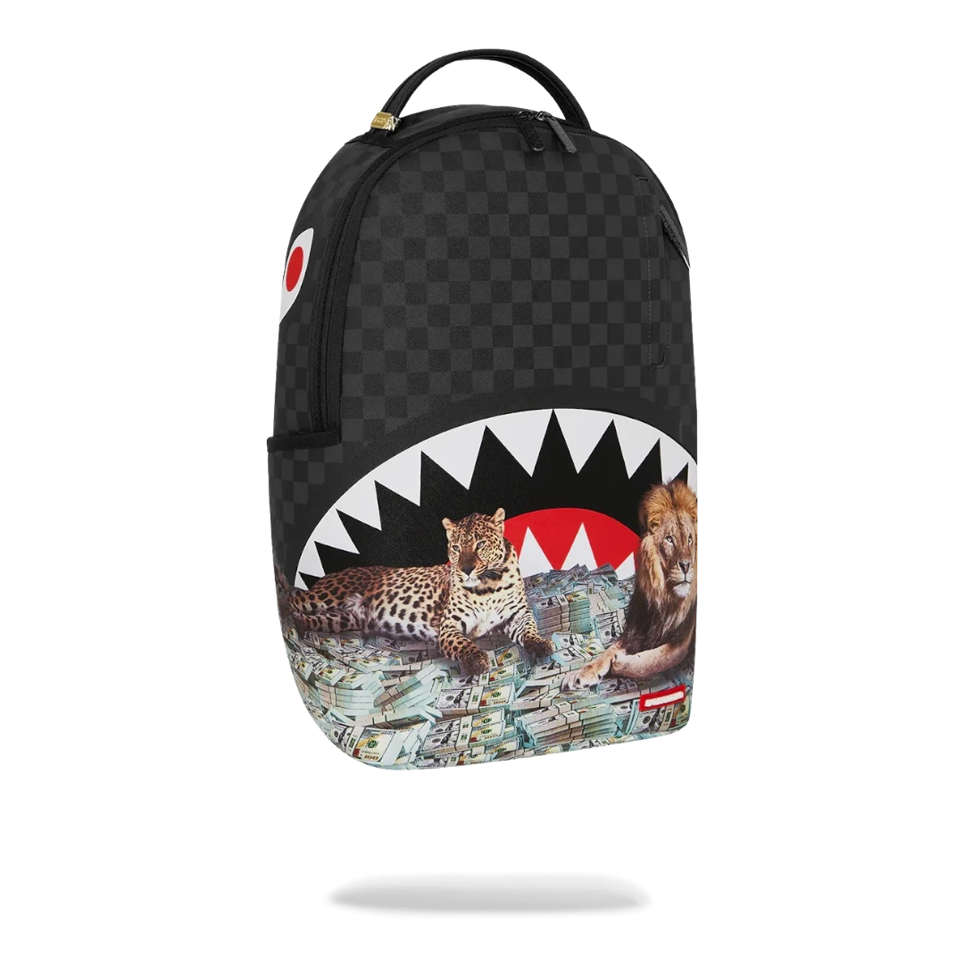 Ballers Clothing Shop Sprayground Money Beasts backpack in black checkered PVC with shark mouth and animal print