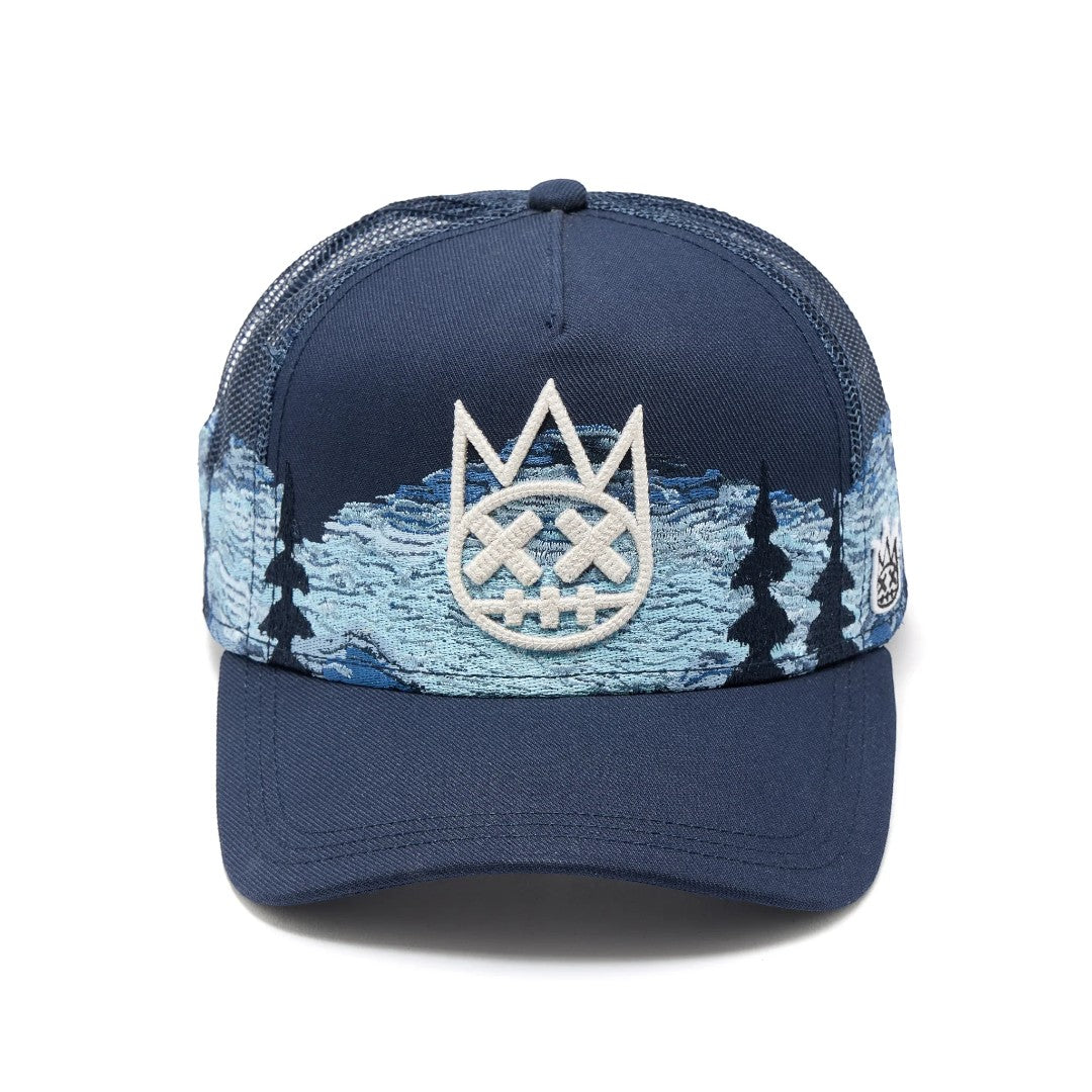 Ballers Clothing Shop navy blue mesh back trucker hat with embroidered mountain landscape and crown logo