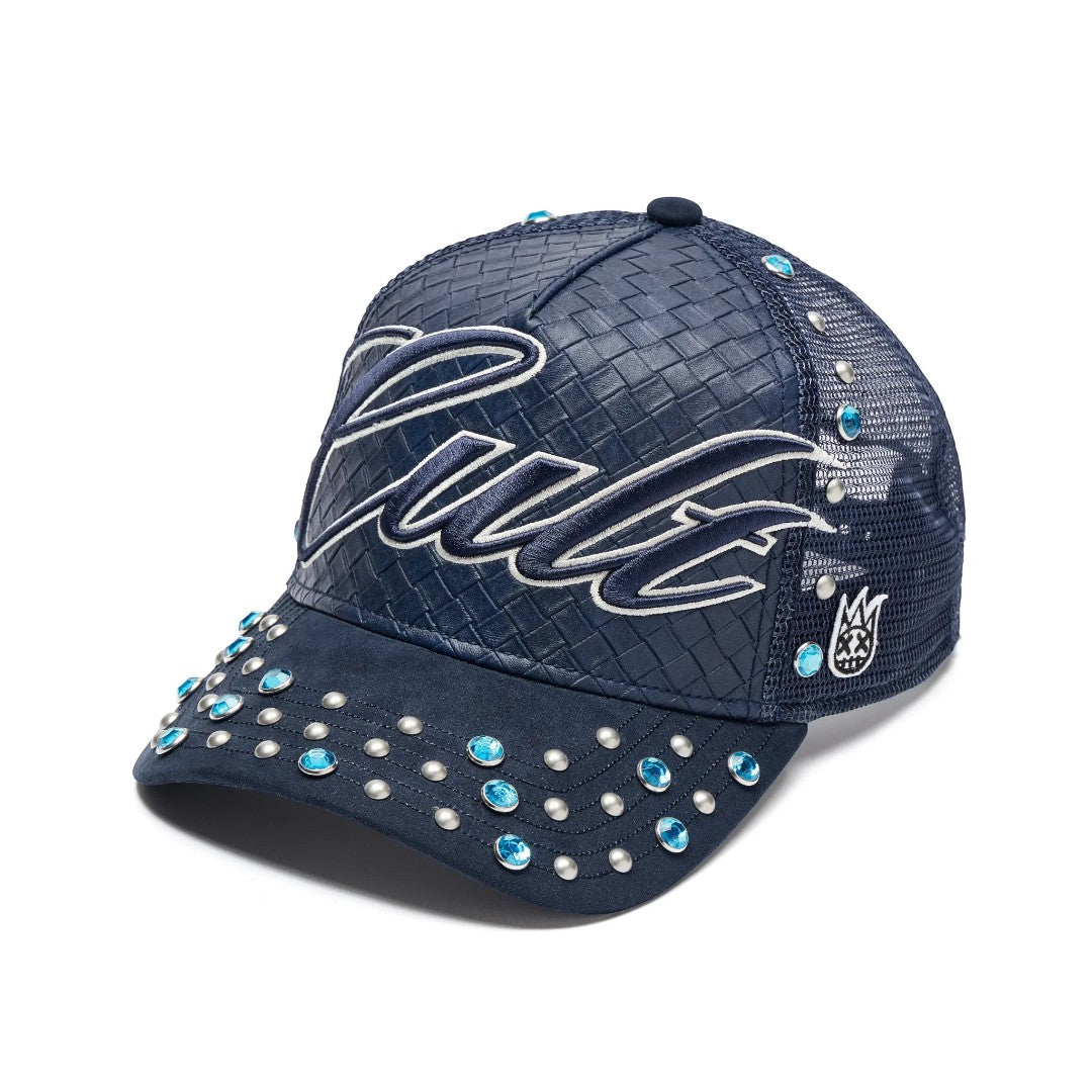 Ballers Clothing Shop navy blue woven mesh back trucker hat with silver studs and blue crystal embellishments