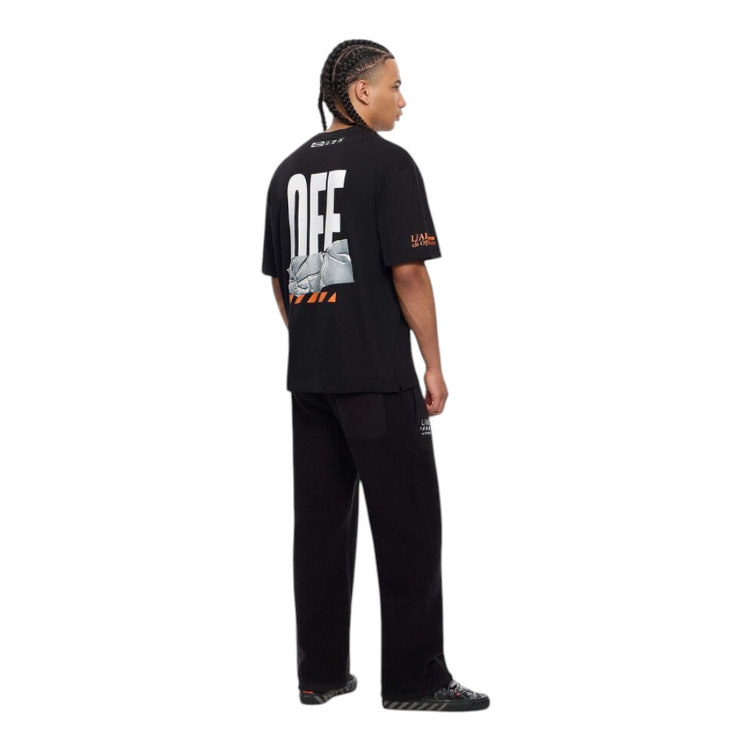Ballers Clothing Shop model wearing a black L/AB c/o Off-White long sleeve tee with back duct tape graphic