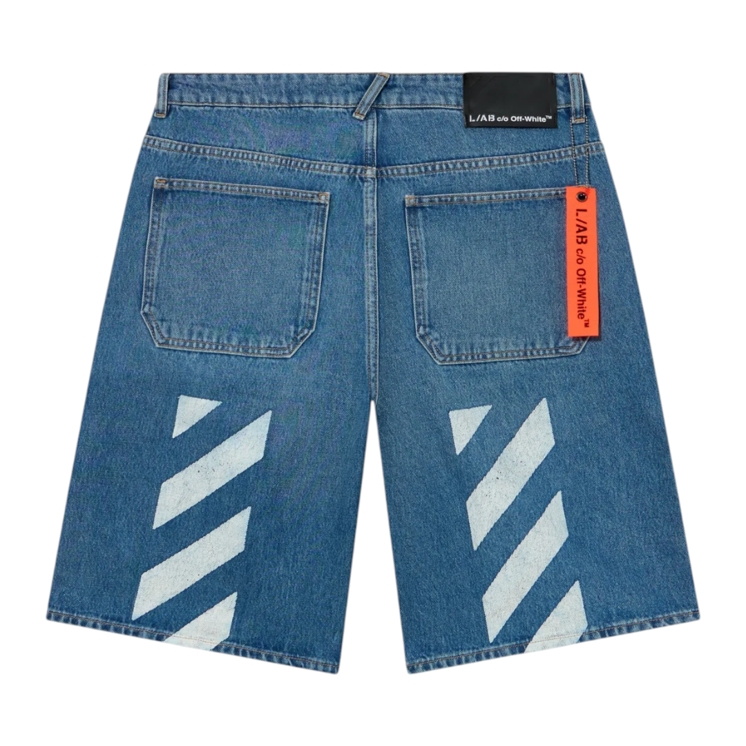 Ballers Clothing Shop L/AB c/o Off-White blue denim shorts with white diagonal stripe print and orange brand tag