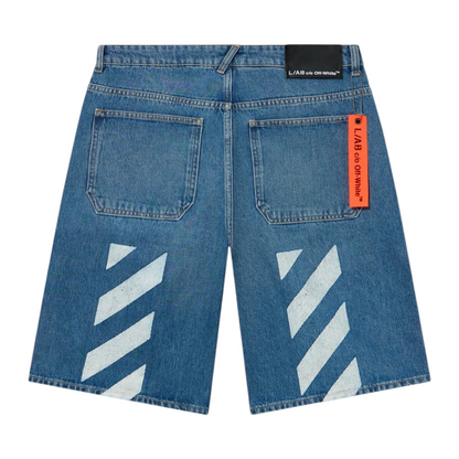 Ballers Clothing Shop L/AB c/o Off-White blue denim shorts with white diagonal stripe print and orange brand tag