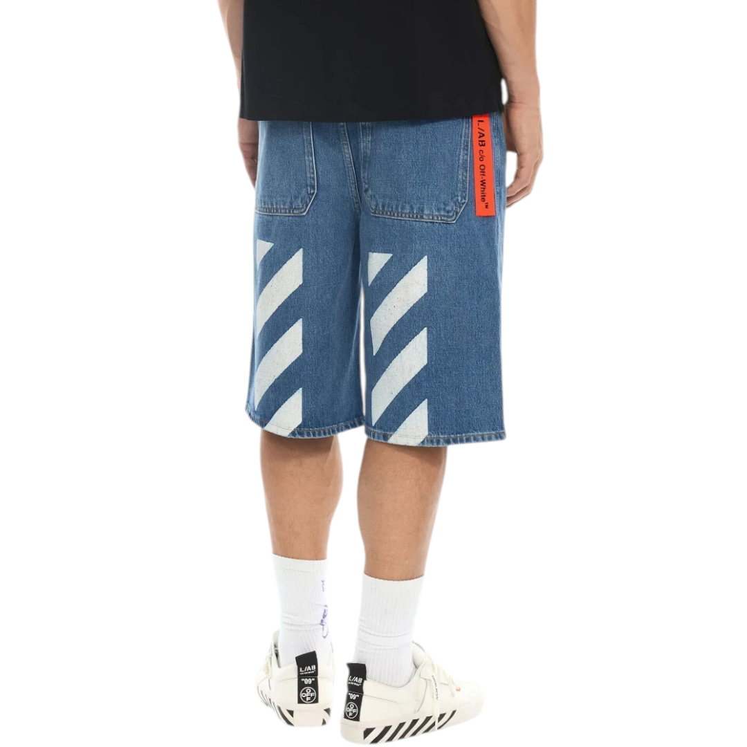 Ballers Clothing Shop L/AB c/o Off-White blue denim shorts with white diagonal stripes and orange logo back tab