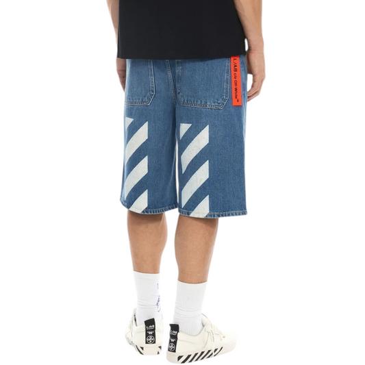 Ballers Clothing Shop L/AB c/o Off-White blue denim shorts with white diagonal stripes and orange logo back tab