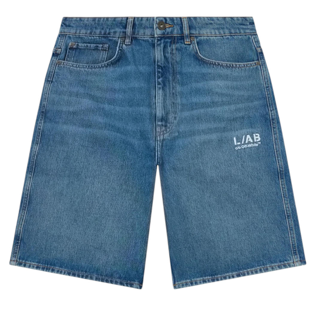 Ballers Clothing Shop L/AB c/o Off-White blue denim shorts with white logo print on the front