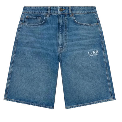 Ballers Clothing Shop L/AB c/o Off-White blue denim shorts with white logo print on the front