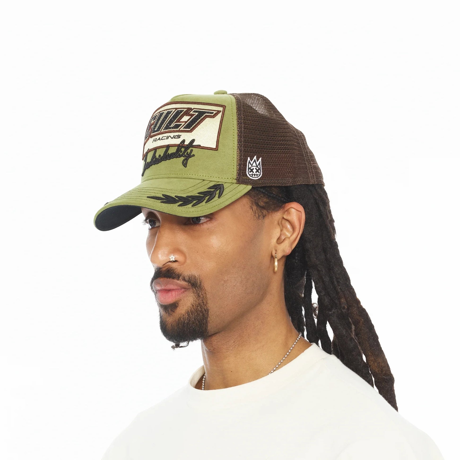 Ballers Clothing Shop olive and brown mesh back trucker hat featuring Cult Racing embroidery on a white background