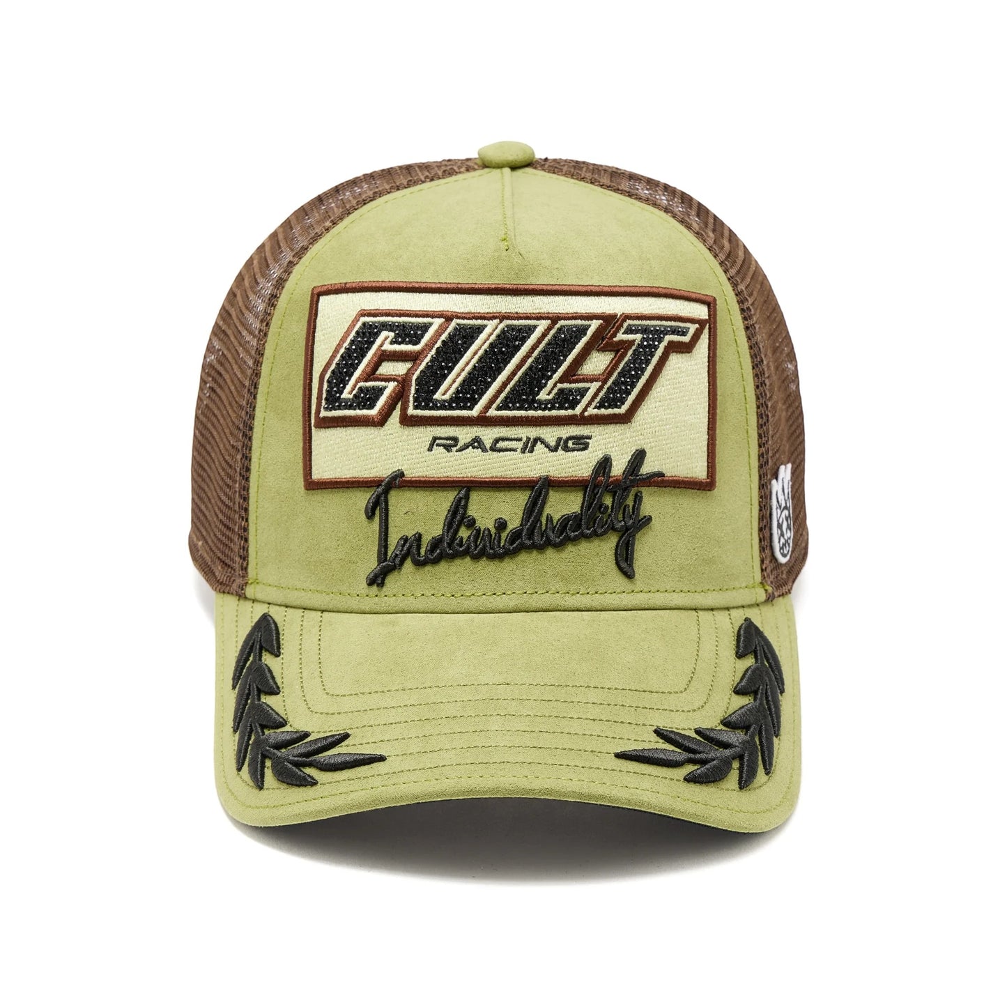 Ballers Clothing Shop olive green and brown mesh back trucker hat with Cult Racing embroidery and laurel leaf details