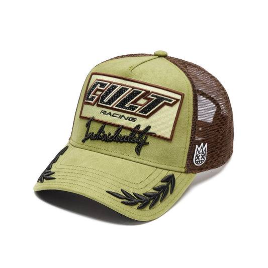 Ballers Clothing Shop olive green and brown mesh back trucker hat with Cult Racing embroidery and laurel leaf detail