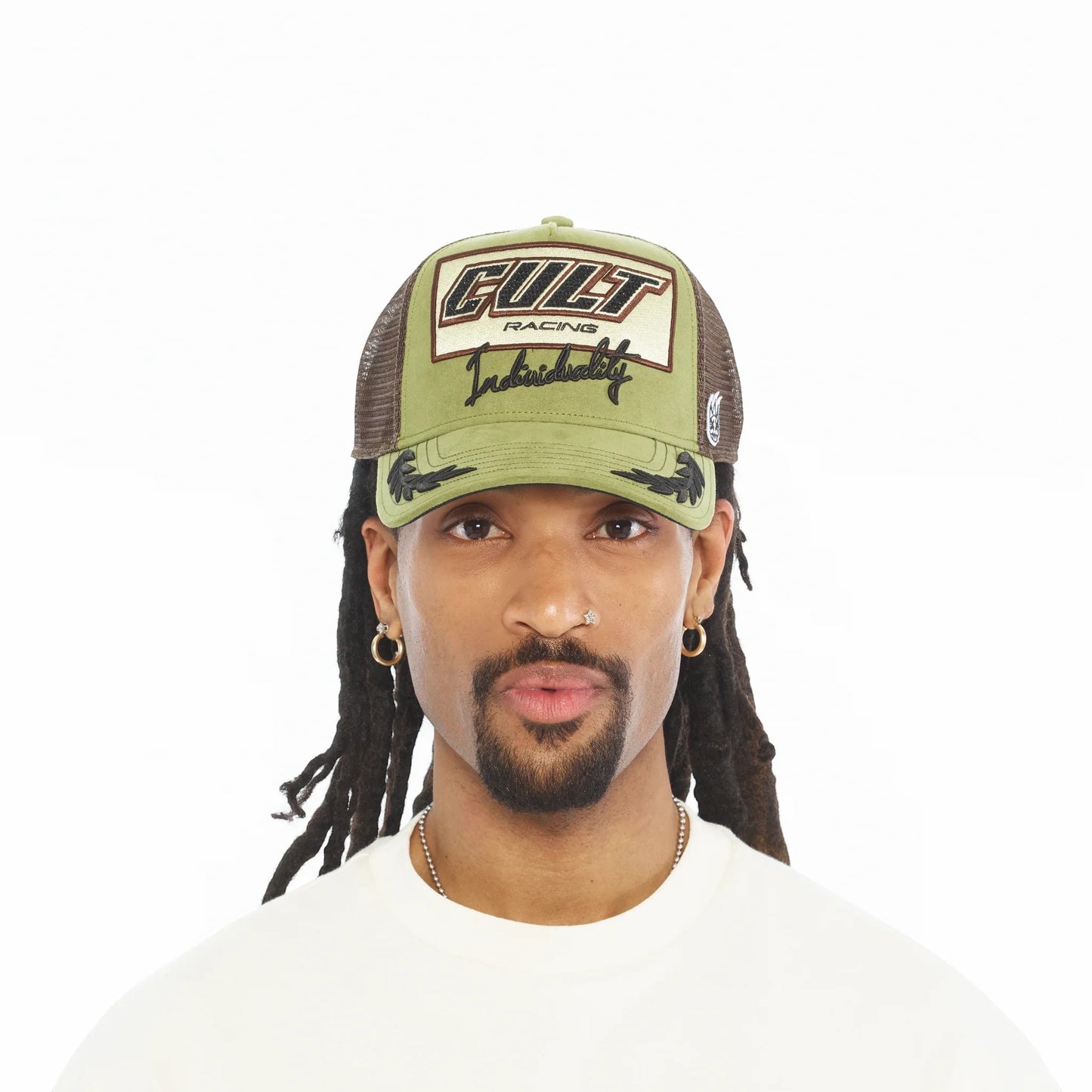 Ballers Clothing Shop olive green and brown mesh back trucker hat with Cult Racing embroidery on a male model
