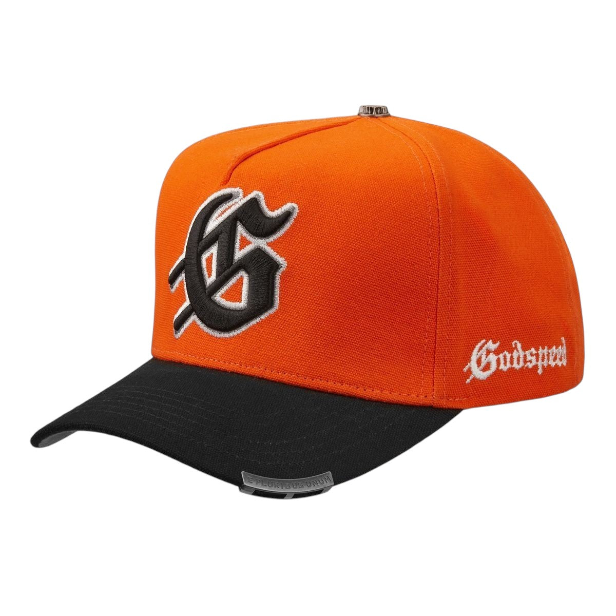Ballers Clothing Shop GODSPEED Insignia orange and black trucker hat with 3D embroidered G logo and side branding