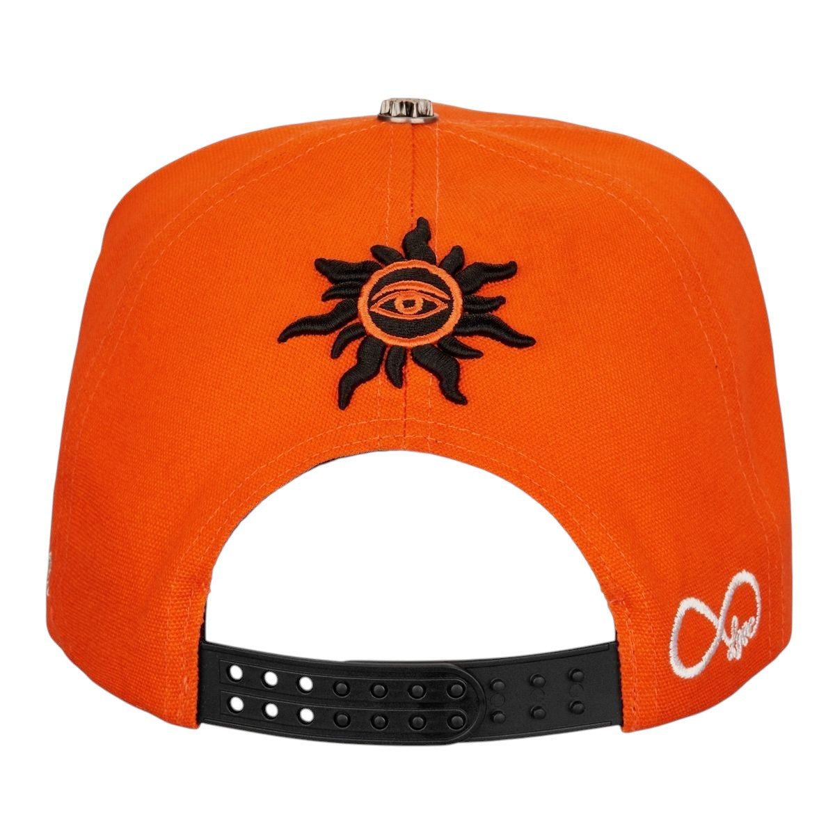Ballers Clothing Shop orange trucker hat with black sun eye embroidery and adjustable snapback closure