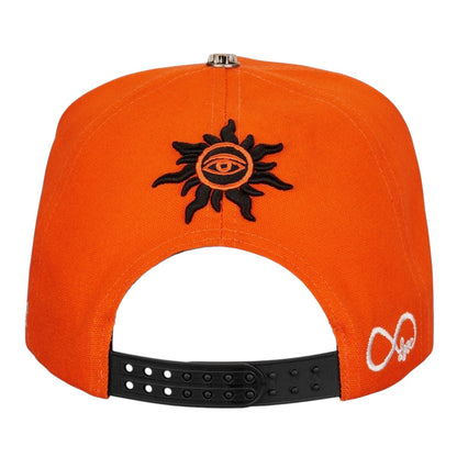 Ballers Clothing Shop orange trucker hat with black sun eye embroidery and adjustable snapback closure