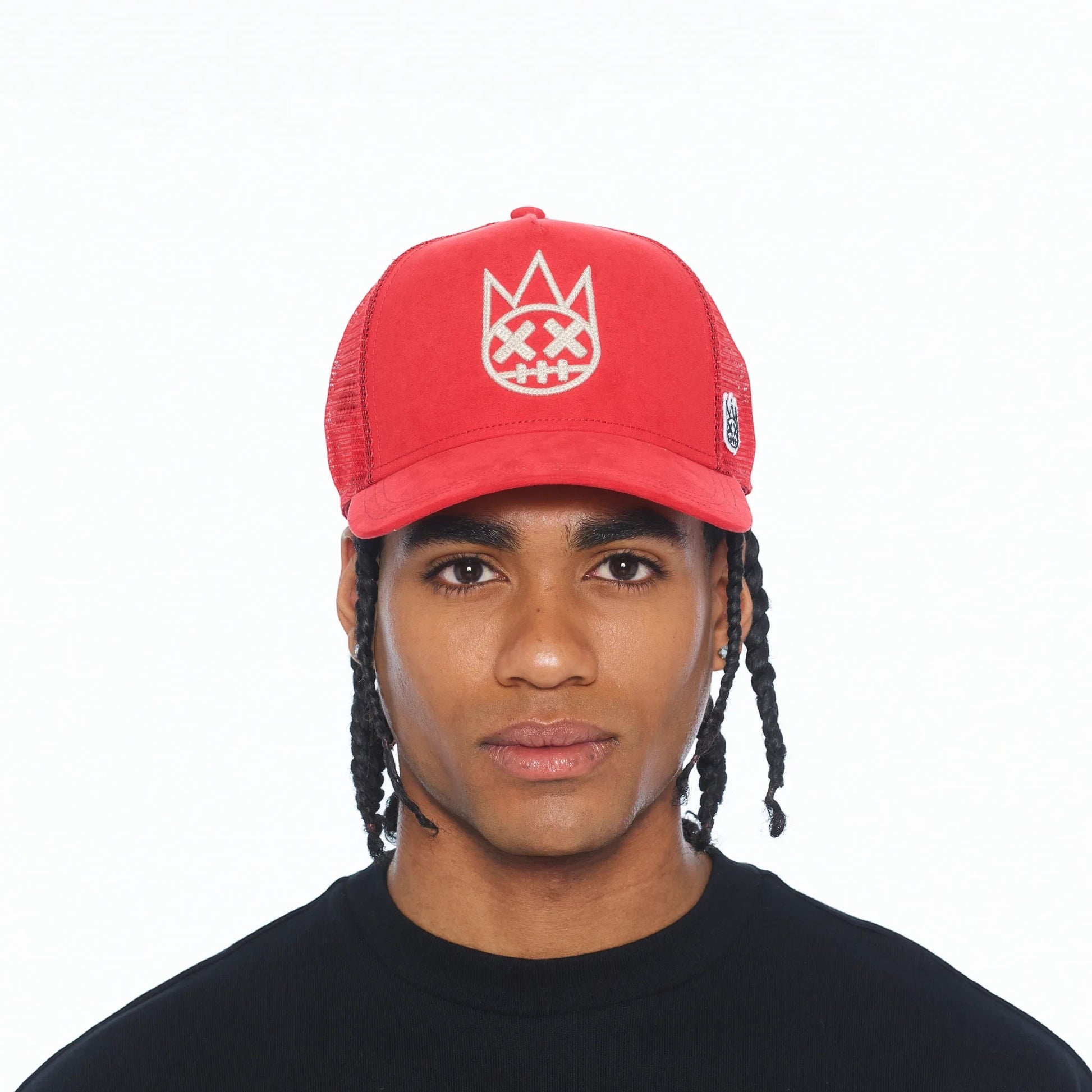 Ballers Clothing Shop red suede trucker hat with mesh back and raised white chain-stitch Shimuchan logo on front