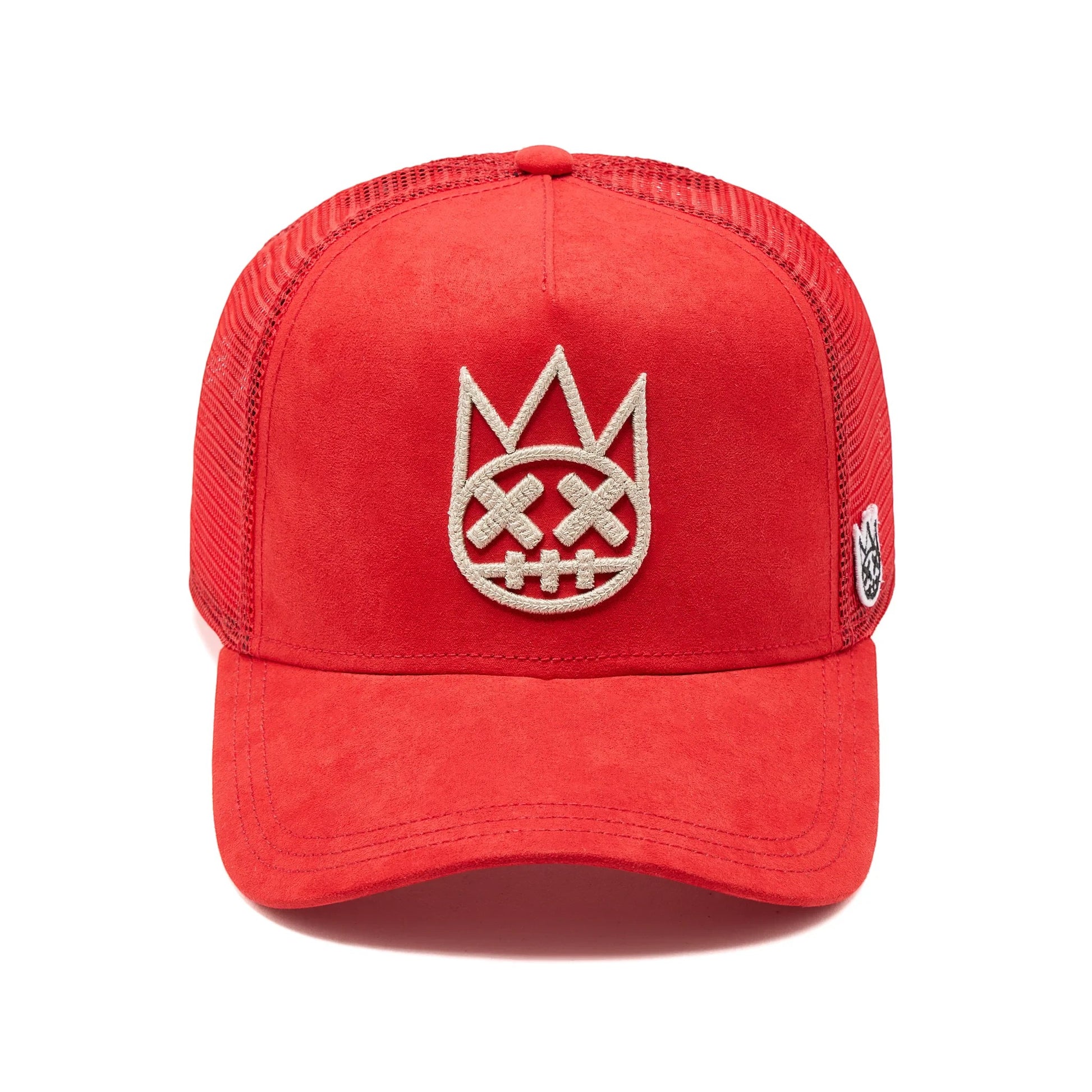Ballers Clothing Shop racing red suede trucker hat with breathable mesh back and raised chain-stitch logo embroidery.