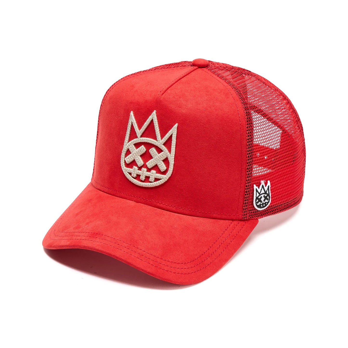 Ballers Clothing Shop red suede trucker hat with mesh back and raised white chain-stitch Shimuchan logo embroidery.