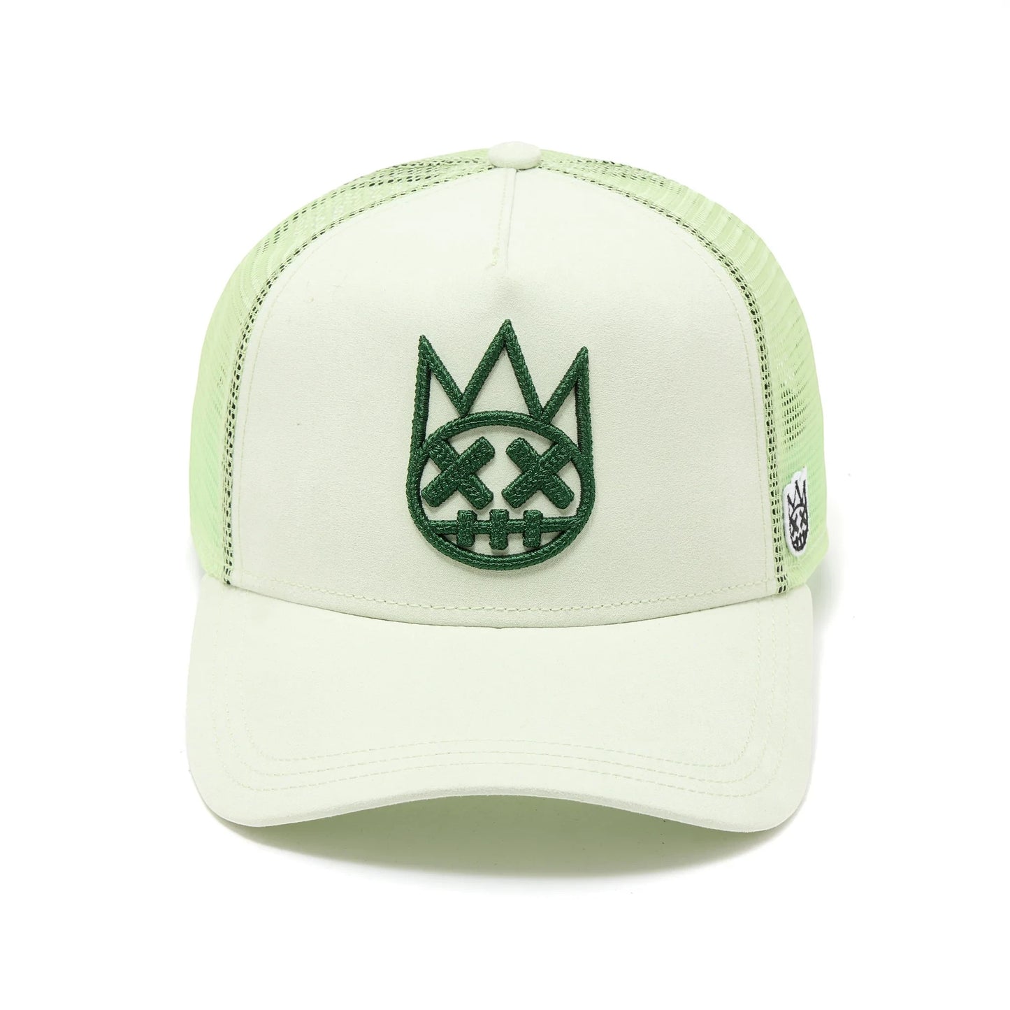 Ballers Clothing Shop seafoam green suede trucker hat with a raised dark green chain-stitch logo and mesh back.