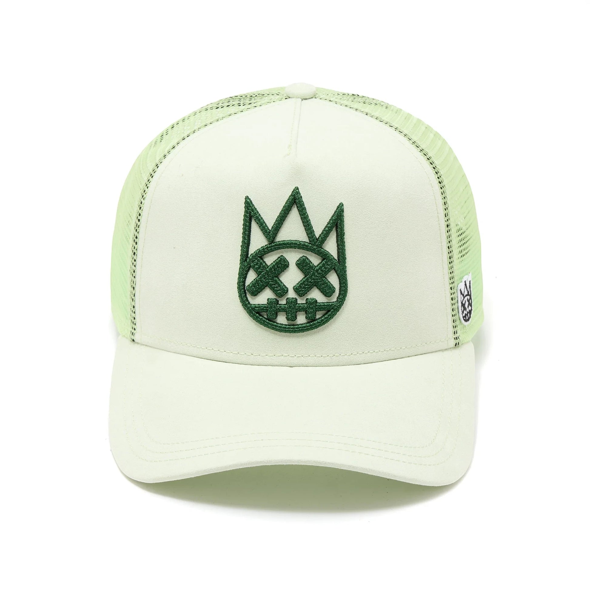 Ballers Clothing Shop seafoam green suede trucker hat with a raised dark green chain-stitch logo and mesh back.