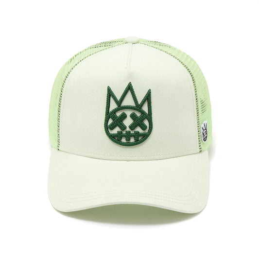 Ballers Clothing Shop seafoam green suede trucker hat with a raised dark green chain-stitch logo and mesh back.
