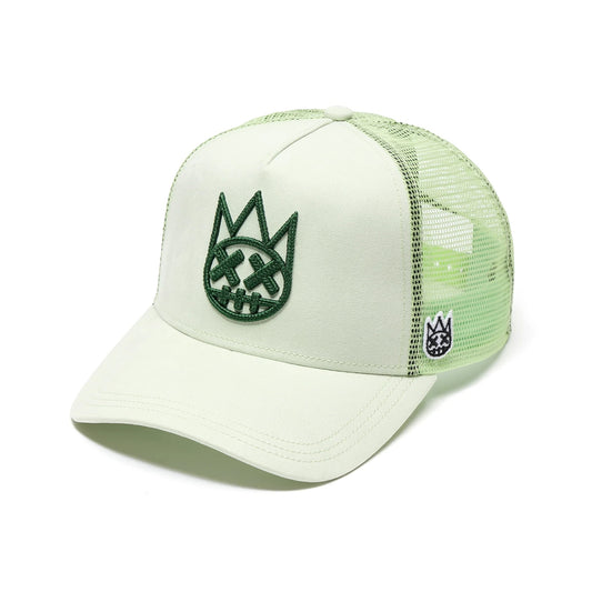 Ballers Clothing Shop seafoam green suede trucker hat with mesh back and raised chain-stitch Shimuchan logo
