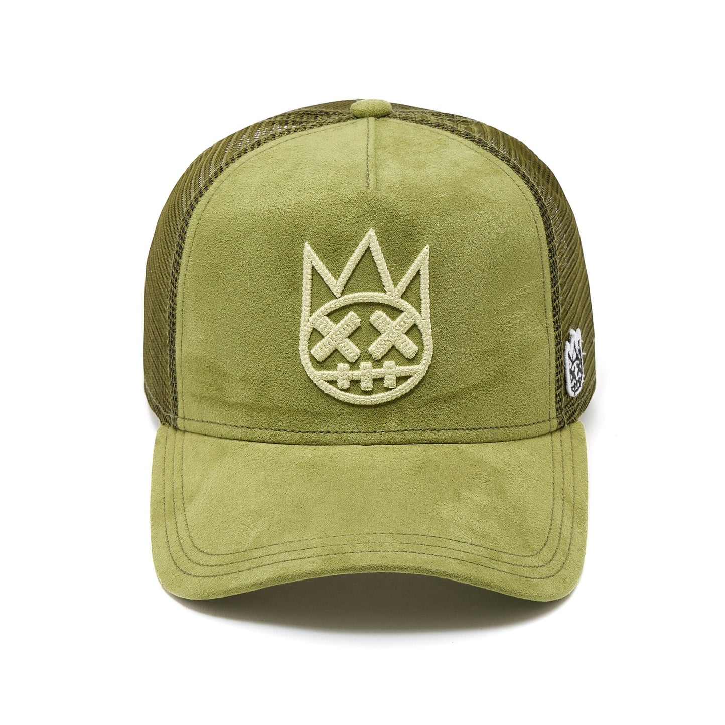 Ballers Clothing Shop sphagnum green suede trucker hat with mesh back and raised chain-stitch Shimuchan logo