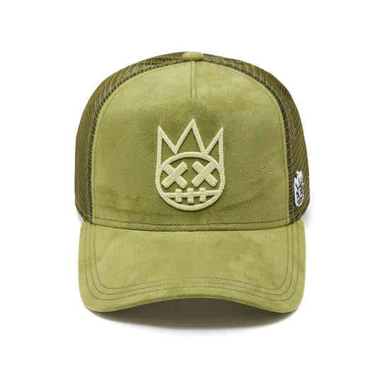 Ballers Clothing Shop sphagnum green suede trucker hat with mesh back and raised chain-stitch Shimuchan logo