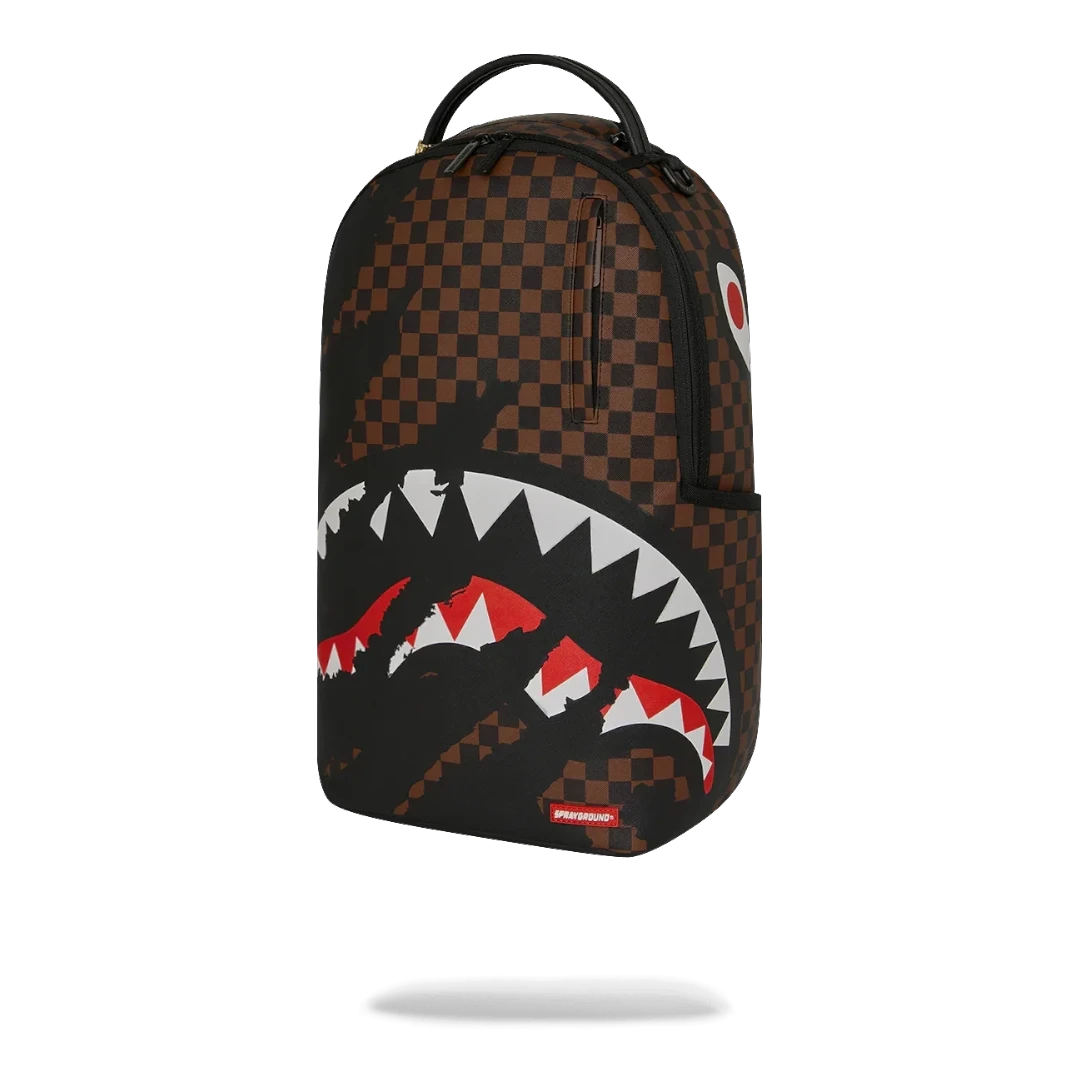 Ballers Clothing Shop Sprayground Claw Tear Check backpack in brown and black with iconic shark mouth graphic