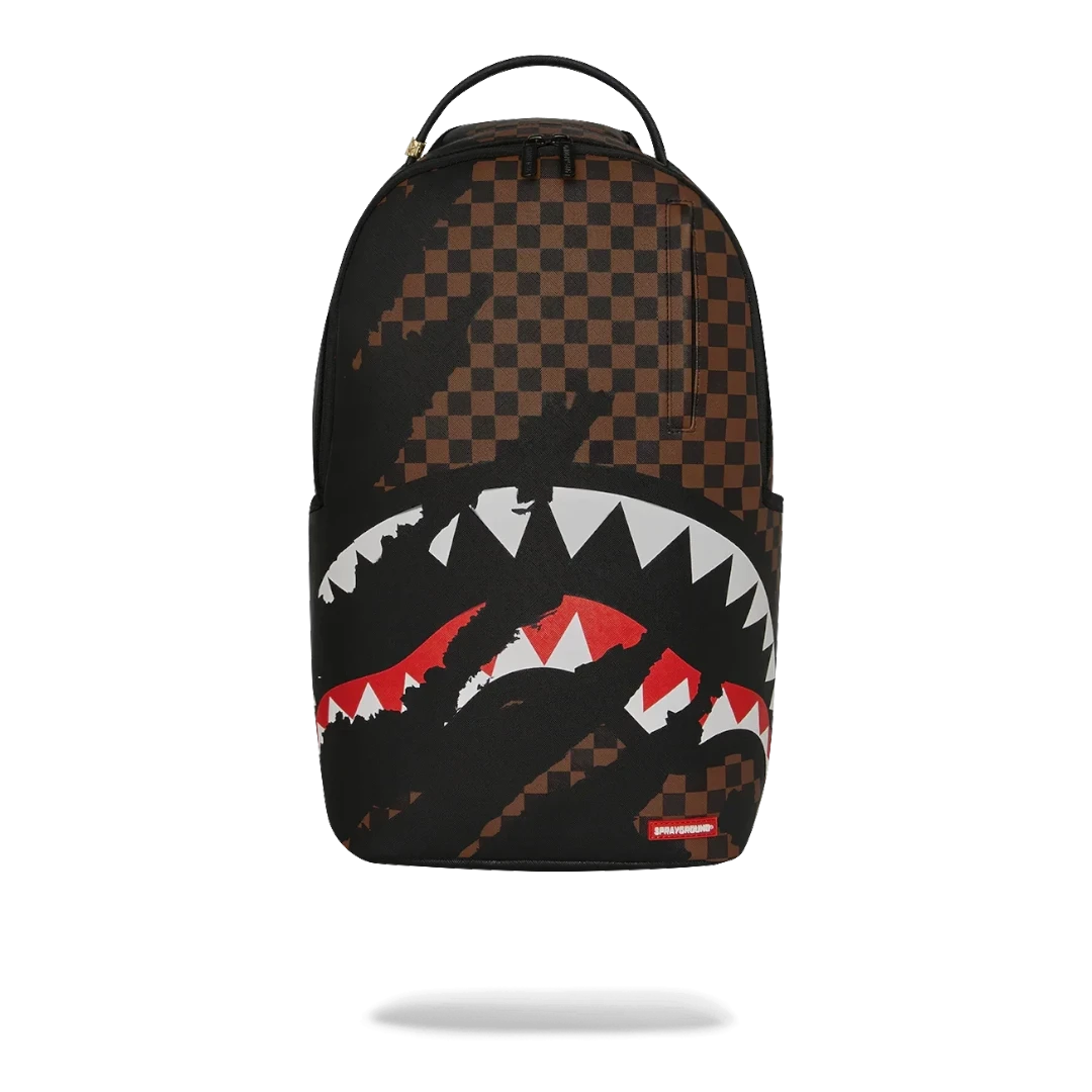 Ballers Clothing Shop Sprayground Claw Tear Check backpack featuring a brown and black checkerboard pattern with shark teeth graphic.