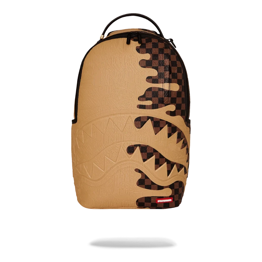 Ballers Clothing Shop Sprayground Henny Melt backpack with tan and brown checkered embossed sharkmouth graffiti design