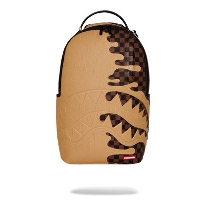 Ballers Clothing Shop Sprayground Henny Melt backpack with tan and brown checkered embossed sharkmouth graffiti design