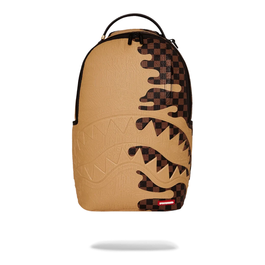 Ballers Clothing Shop Sprayground Henny Melt backpack with tan and brown checkered embossed sharkmouth graffiti design