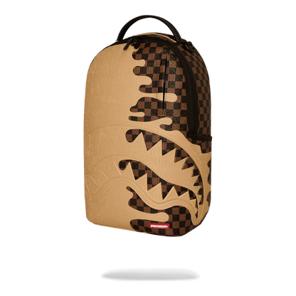 Ballers Clothing Shop Sprayground Henny Melt backpack with brown checkered pattern and embossed sharkmouth design.