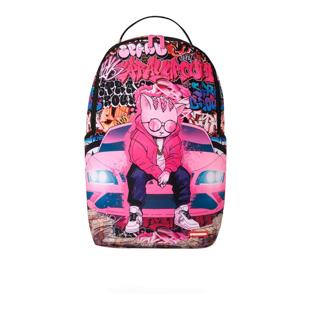 Ballers Clothing Shop Sprayground Kitty Cash Stacks backpack featuring a pink cat character and graffiti art design.