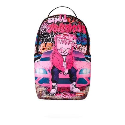 Ballers Clothing Shop Sprayground Kitty Cash Stacks backpack featuring a pink cat character and graffiti art design.