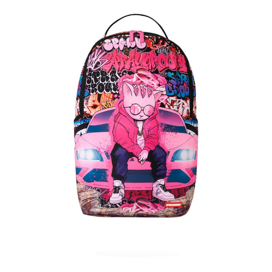 Ballers Clothing Shop Sprayground Kitty Cash Stacks backpack featuring a pink cat character and graffiti art design.