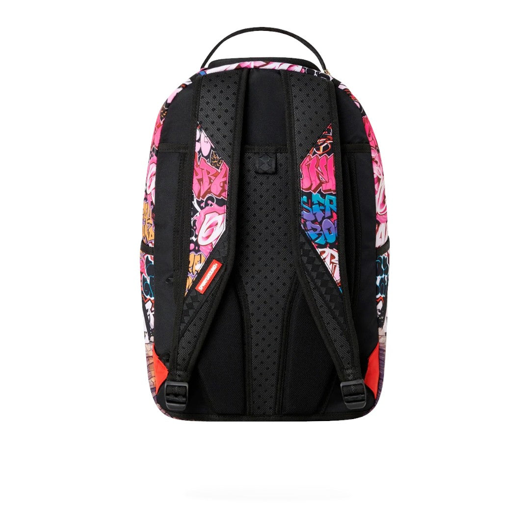 Ballers Clothing Shop Sprayground Kitty Cash Stacks backpack featuring a vibrant graffiti print and black straps