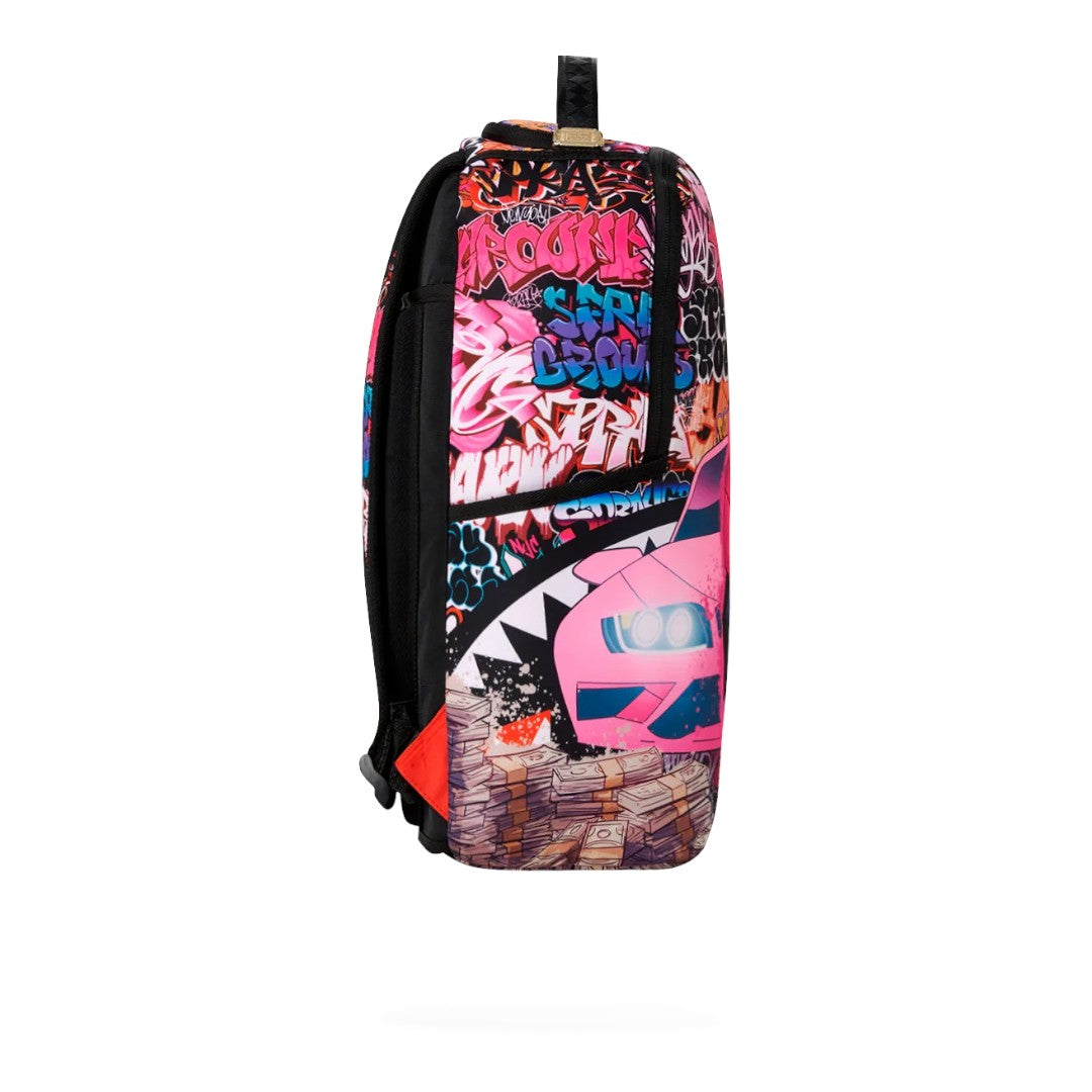 Ballers Clothing Shop Sprayground Kitty Cash Stacks backpack featuring vibrant graffiti art and money print