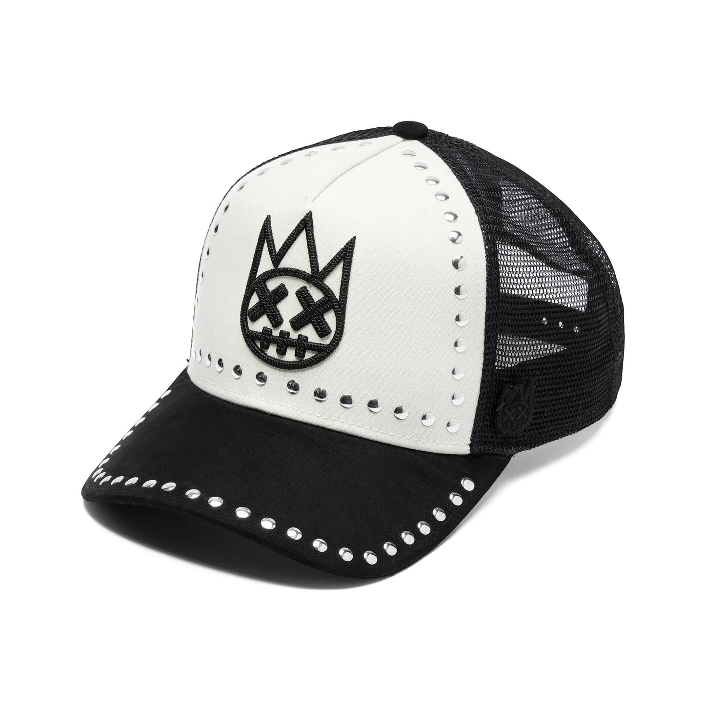Ballers Clothing Shop black and white trucker hat with Shimuchan logo embroidery, silver stud accents, and mesh back.